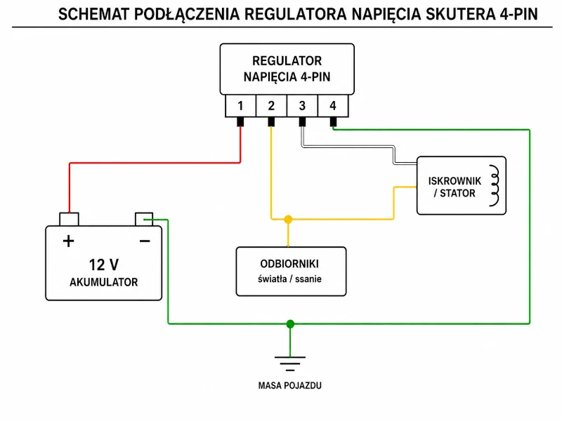 Regulator napięcia 4 pin – schemat podłączenia przewodów do akumulatora, masy i statora